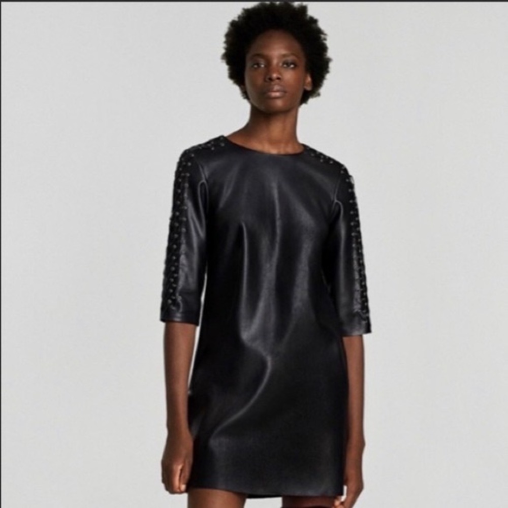NWT Zara Vegan Faux Leather Mini Dress | Size XS |3/4 sleeve lace up detail.